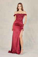 AD 3132 - 3D Floral Beads & Lace Embellished Stretch Satin Off the Shoulder Fit & Flare Prom Gown with Sheer Corset Bodice & Leg Slit PROM GOWN Adora M BURGUNDY 