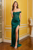 AD 3132 - 3D Floral Beads & Lace Embellished Stretch Satin Off the Shoulder Fit & Flare Prom Gown with Sheer Corset Bodice & Leg Slit