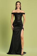 AD 3132 - 3D Floral Beads & Lace Embellished Stretch Satin Off the Shoulder Fit & Flare Prom Gown with Sheer Corset Bodice & Leg Slit PROM GOWN Adora XS BLACK 
