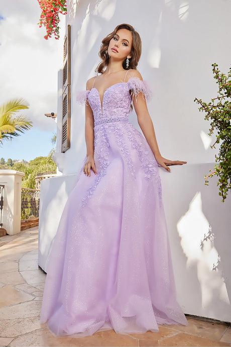 AD 3143 - A-Line Prom Gown With Feather Accented Off The Shoulder Straps & V-Neckline PROM GOWN Adora XS LILAC 