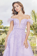 AD 3143 - A-Line Prom Gown With Feather Accented Off The Shoulder Straps & V-Neckline PROM GOWN Adora   
