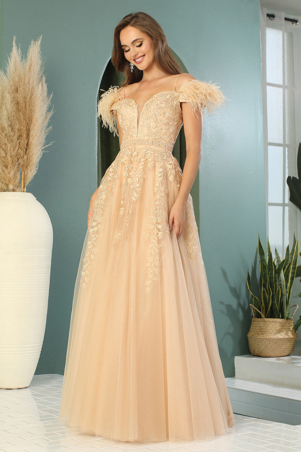 AD 3143 - A-Line Prom Gown With Feather Accented Off The Shoulder Straps & V-Neckline AD 3143 - A-Line Prom Gown With Feather Accented Off The Shoulder Straps & V-Neckline