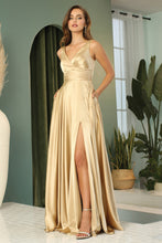 AD 3147 - Stretch Satin A-Line Prom Gown with Ruched V-Neck Bodice & Lace Up Corset Back PROM GOWN Adora XS GOLD 