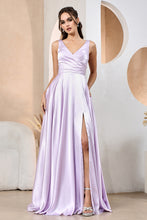 AD 3147 - Stretch Satin A-Line Prom Gown with Ruched V-Neck Bodice & Lace Up Corset Back PROM GOWN Adora XS LILAC 