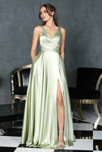 AD 3147 - Stretch Satin A-Line Prom Gown with Ruched V-Neck Bodice & Lace Up Corset Back PROM GOWN Adora XS SAGE 