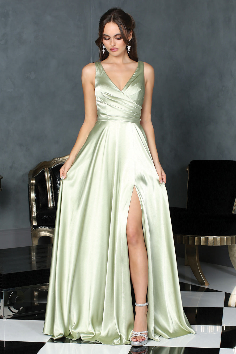 AD 3147 - Stretch Satin A-Line Prom Gown with Ruched V-Neck Bodice & L Diggz Formals AD 3147 - Stretch Satin A-Line Prom Gown with Ruched V-Neck Bodice & L Diggz Formals
