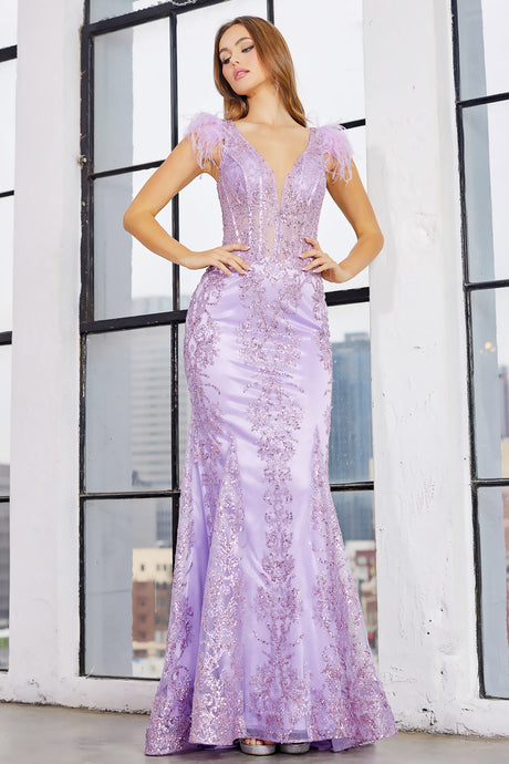 AD 3148 - Glitter Print Fit & Flare Prom Gown With V-Neck Sheer Boned Bodice & Feathered Accented Straps PROM GOWN Adora XS LAVENDER 