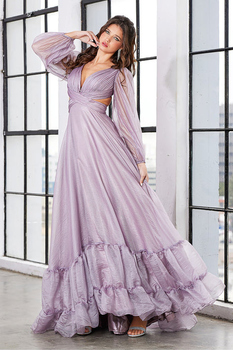 AD 3149 - Long Sleeve Flowy A-Line Formal Gown with Pleated Bodice Cut Out Sides & Open Lace Up Corset Back PROM GOWN Adora XS MAUVE 