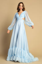 AD 3149 - Long Sleeve Flowy A-Line Formal Gown with Pleated Bodice Cut Out Sides & Open Lace Up Corset Back PROM GOWN Adora XS LIGHT BLUE 