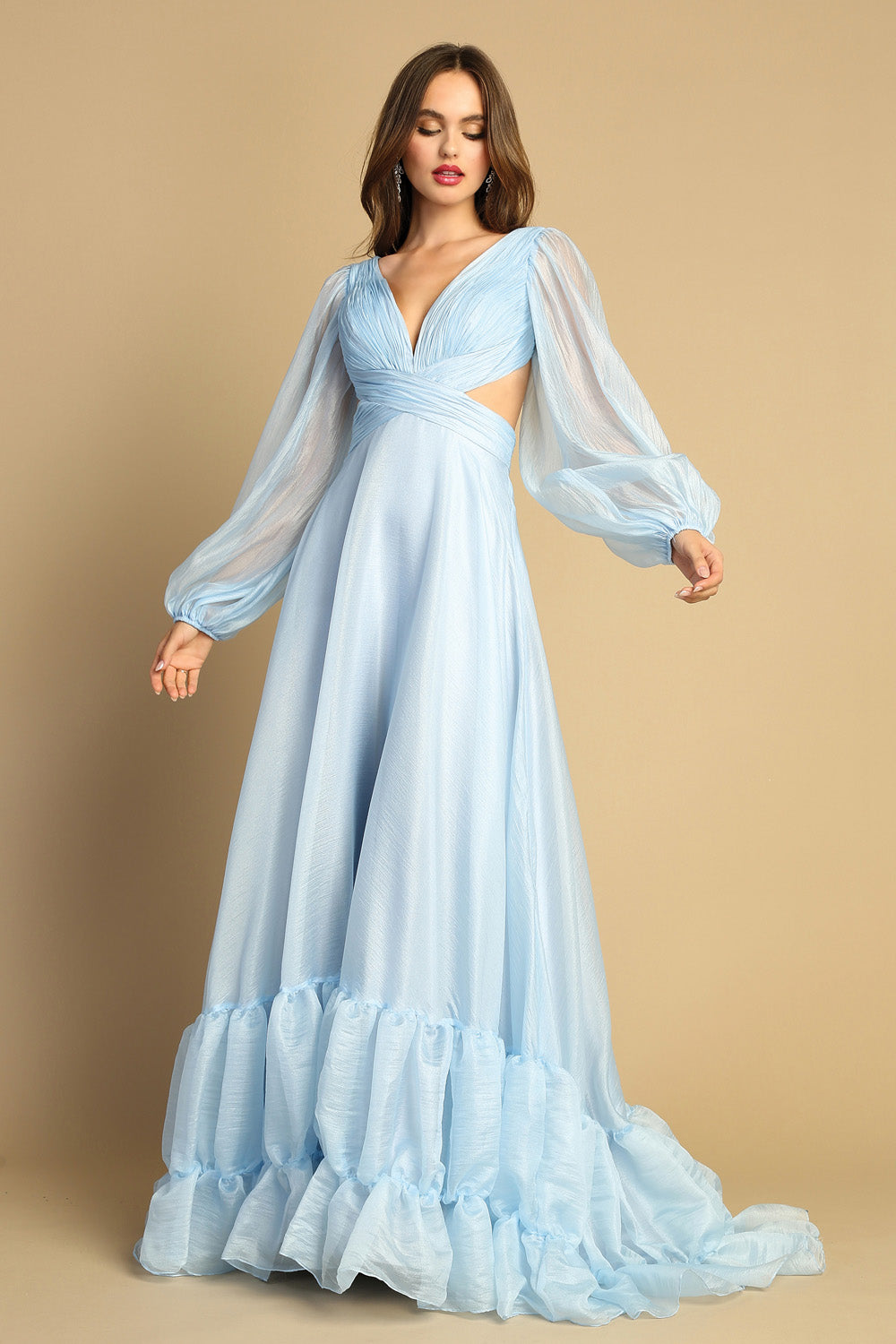 AD 3149 - Long Sleeve Flowy A-Line Formal Gown with Pleated Bodice Cut –  Diggz Formals