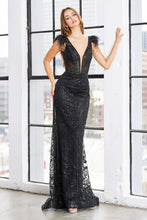 AD 3151 - Glitter Embellished Fit & Flare Prom Gown With V-Neckline & Feather Accented Straps PROM GOWN Adora XS BLACK 