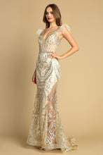 AD 3151 - Glitter Embellished Fit & Flare Prom Gown With V-Neckline & Feather Accented Straps PROM GOWN Adora XS CHAMPAGNE 
