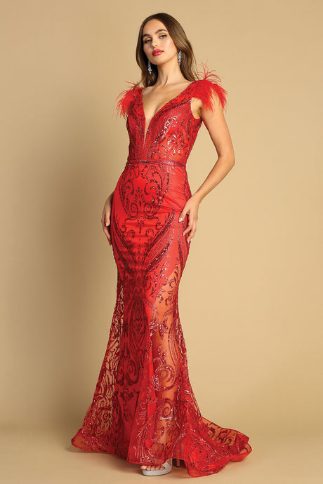 AD 3151 - Glitter Embellished Fit & Flare Prom Gown With V-Neckline & Feather Accented Straps PROM GOWN Adora XS RED 