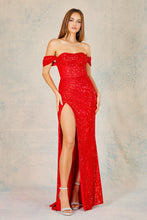 AD 3152 - Full Sequin Off the Shoulder Fit & Flare Prom Gown with Ruched Cowl Neck Bodice & Leg Slit PROM GOWN Adora XS RED 