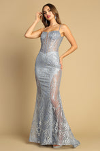AD 3160 - Glitter Print Fit & Flare Prom Gown with Sheer Boned Bodice & Sheer Leg Slit PROM GOWN Adora XS SMOKY BLUE 