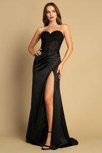 AD 3161 - Stretch Satin Fit & Flare Prom Gown with Sheer Sequin & Lace Embellished Corset Bodice Open Lace Up Back & Leg Slit PROM GOWN Adora XS BLACK 