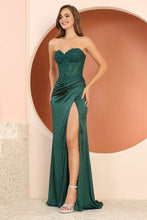 AD 3161 - Stretch Satin Fit & Flare Prom Gown with Sheer Sequin & Lace Embellished Corset Bodice Open Lace Up Back & Leg Slit PROM GOWN Adora L EMERALD 
