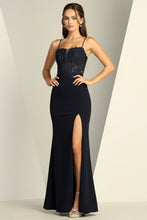 AD 3166 - Stretch Jersey Fit & Flare Prom Gown With Beaded Lace Embellished Bodice & Lace Up Corset Back PROM GOWN Adora XS NAVY 