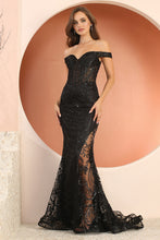 AD 3168 - Glitter Print Off the Shoulder Fit & Flare Prom Gown with Sheer Bodice Open Lace Up Back & Hidden Leg Slit PROM GOWN Adora XS BLACK 