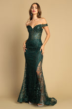 AD 3168 - Glitter Print Off the Shoulder Fit & Flare Prom Gown with Sheer Bodice Open Lace Up Back & Hidden Leg Slit PROM GOWN Adora XS DARK EMERALD 
