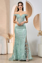 AD 3168 - Glitter Print Off the Shoulder Fit & Flare Prom Gown with Sheer Bodice Open Lace Up Back & Hidden Leg Slit PROM GOWN Adora   