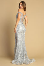 AD 3168 - Glitter Print Off the Shoulder Fit & Flare Prom Gown with Sheer Bodice Open Lace Up Back & Hidden Leg Slit PROM GOWN Adora XS SILVER 