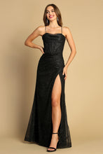 AD 3169 - Glittery Fit & Flare Prom Gown with Cowl Neck Corset Bodice Open Lace Up Back & Leg Slit PROM GOWN Adora S BLACK 