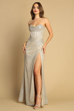AD 3169 - Glittery Fit & Flare Prom Gown with Cowl Neck Corset Bodice Open Lace Up Back & Leg Slit PROM GOWN Adora XS CHAMPAGNE 