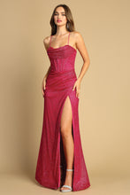 AD 3169 - Glittery Fit & Flare Prom Gown with Cowl Neck Corset Bodice Open Lace Up Back & Leg Slit PROM GOWN Adora XS FUCHSIA 