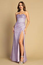 AD 3169 - Glittery Fit & Flare Prom Gown with Cowl Neck Corset Bodice Open Lace Up Back & Leg Slit PROM GOWN Adora XS LAVENDAR 