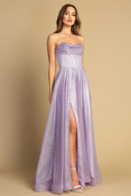AD 3170 -  Glittery Ball Gown with Gathered V-Neck Bodice Open Lace Up Corset Back & Side Pockets PROM GOWN Adora XS LAVENDER 