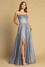 AD 3170 -  Glittery Ball Gown with Gathered V-Neck Bodice Open Lace Up Corset Back & Side Pockets PROM GOWN Adora   