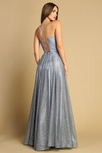 AD 3170 -  Glittery Ball Gown with Gathered V-Neck Bodice Open Lace Up Corset Back & Side Pockets PROM GOWN Adora XS SMOKY BLUE 