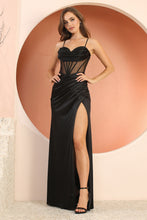 AD 3171 - Stretch Satin Fit & Flare Prom Gown with Sheer Cowl Neck Corset Bodice Open Lace Up Back & Leg Slit PROM GOWN Adora XS BLACK 