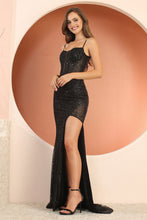 AD 3173 - Glitter Print Fit & Flare Prom Gown with Sheer Corset Bodice Open Lace Up Back & Leg Slit PROM GOWN Adora XS BLACK 