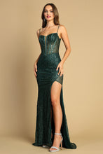 AD 3173 - Glitter Print Fit & Flare Prom Gown with Sheer Corset Bodice Open Lace Up Back & Leg Slit PROM GOWN Adora XS DARK EMERALD 