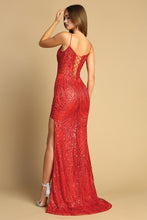 AD 3173 - Glitter Print Fit & Flare Prom Gown with Sheer Corset Bodice Open Lace Up Back & Leg Slit PROM GOWN Adora XS RED 