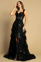 AD 3174 - Sequin Embellished A-Line Prom Gown with Sheer Boned Corset Bodice Layered Ruffle Open Lace Up Back & Leg Slit Skirt PROM GOWN Adora XS BLACK 