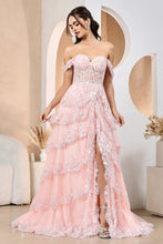 AD 3174 - Sequin Embellished A-Line Prom Gown with Sheer Boned Corset Bodice Layered Ruffle Open Lace Up Back & Leg Slit Skirt PROM GOWN Adora XS BLUSH 