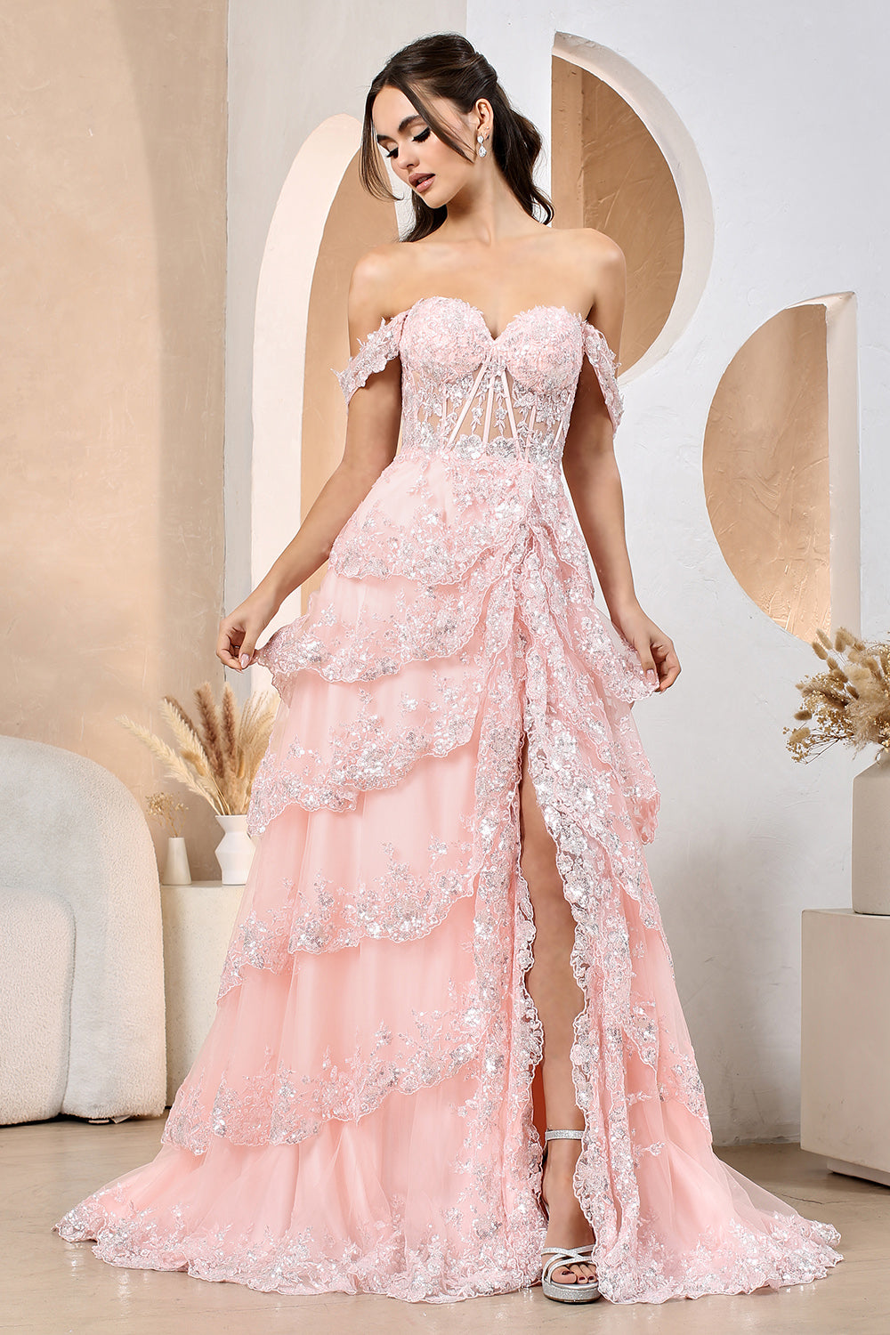 AD 3174 - Sequin Embellished A-Line Prom Gown with Sheer Boned Corset Bodice Layered Ruffle Open Lace Up Back & Leg Slit Skirt S / BLUSH AD 3174 - Sequin Embellished A-Line Prom Gown with Sheer Boned Corset Bodice Layered Ruffle Open Lace Up Back & Leg Slit Skirt S / BLUSH