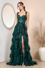 AD 3174 - Sequin Embellished A-Line Prom Gown with Sheer Boned Corset Bodice Layered Ruffle Open Lace Up Back & Leg Slit Skirt PROM GOWN Adora XS EMERALD 