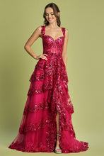 AD 3174 - Sequin Embellished A-Line Prom Gown with Sheer Boned Corset Bodice Layered Ruffle Open Lace Up Back & Leg Slit Skirt PROM GOWN Adora XS FUCHSIA 