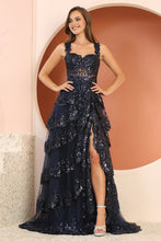 AD 3174 - Sequin Embellished A-Line Prom Gown with Sheer Boned Corset Bodice Layered Ruffle Open Lace Up Back & Leg Slit Skirt PROM GOWN Adora S NAVY 