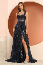 AD 3174 - Sequin Embellished A-Line Prom Gown with Sheer Boned Corset Bodice Layered Ruffle Open Lace Up Back & Leg Slit Skirt PROM GOWN Adora   