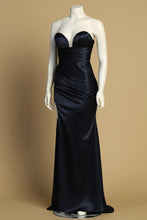 AD 3177 - Strapless Stretch Satin Prom Gown With Ruched Waist & Leg Slit PROM GOWN Adora XS NAVY 