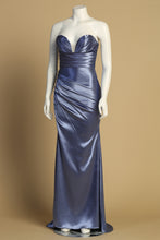 AD 3177 - Strapless Stretch Satin Prom Gown With Ruched Waist & Leg Slit PROM GOWN Adora XS SPACE BLUE 