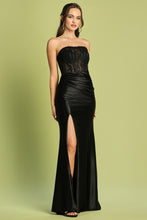 AD 3184 - Stretch Satin Fit & Flare Prom Gown with Sheer Lace Embellished Boned Corset Bodice Leg Slit & Lace Up Back PROM GOWN Adora XS BLACK 