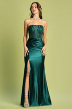 AD 3184 - Stretch Satin Fit & Flare Prom Gown with Sheer Lace Embellished Boned Corset Bodice Leg Slit & Lace Up Back PROM GOWN Adora XS EMERALD 