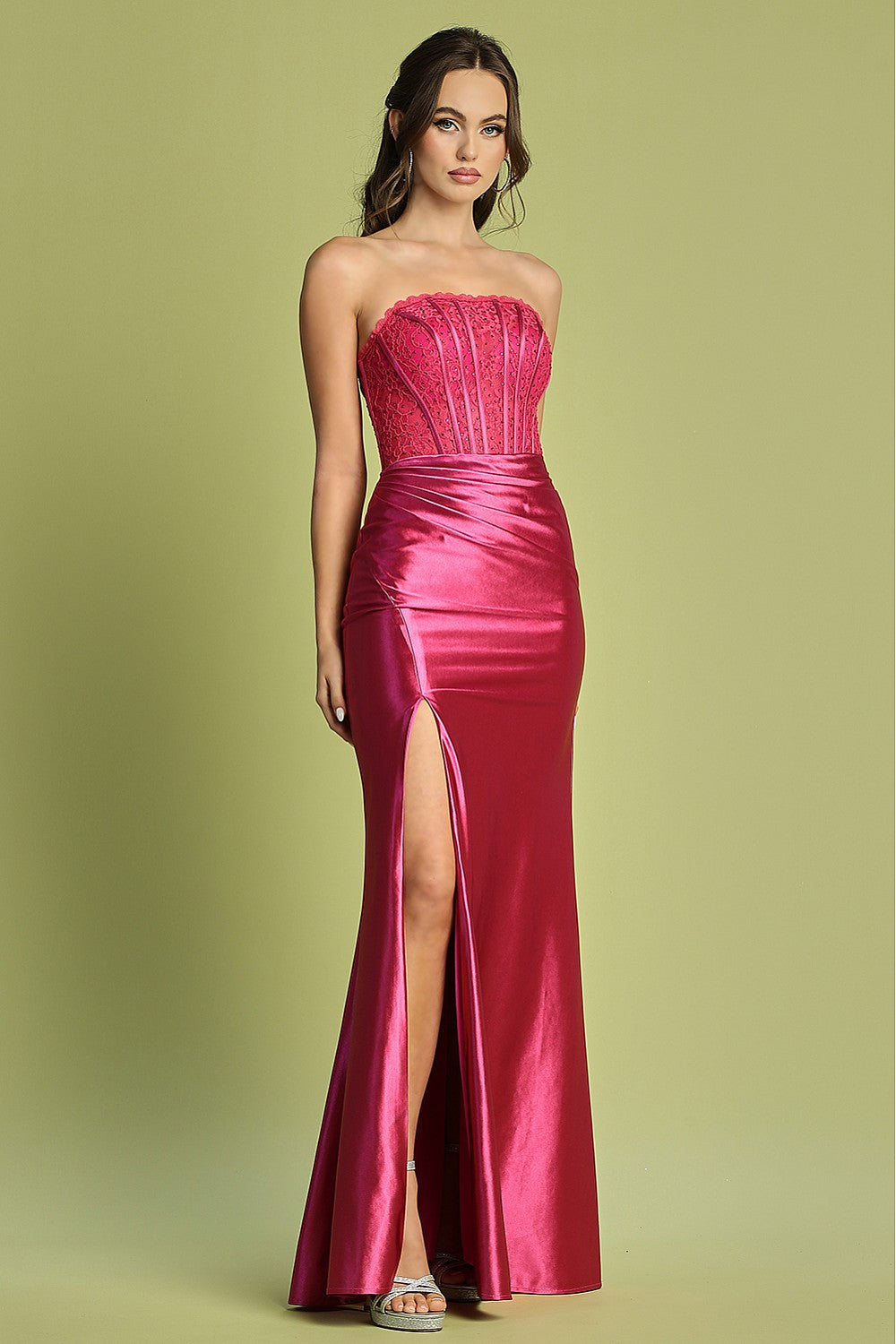 AD 3184 - Stretch Satin Fit & Flare Prom Gown with Sheer Lace Embellis Diggz Formals AD 3184 - Stretch Satin Fit & Flare Prom Gown with Sheer Lace Embellis Diggz Formals