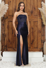 AD 3184 - Stretch Satin Fit & Flare Prom Gown with Sheer Lace Embellished Boned Corset Bodice Leg Slit & Lace Up Back PROM GOWN Adora XS NAVY 